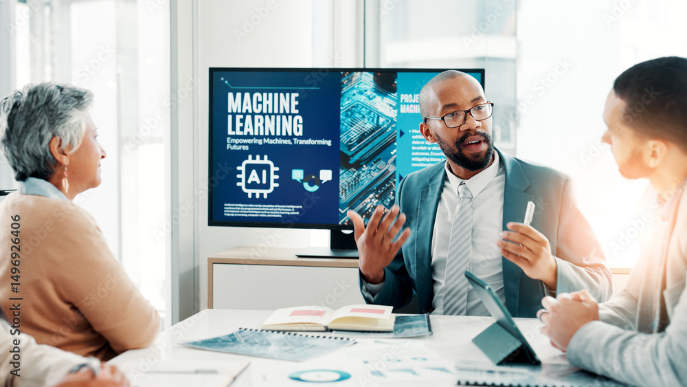 Poster machine learning, business people and meeting for ai, teamwork and cyber security with software upda