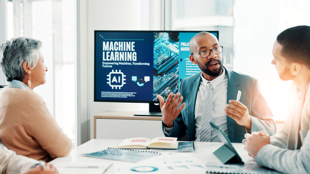 Machine learning, business people and meeting for ai, teamwork and cyber security with software update. Group, employees or tech expert in office, development or education with data scientist or talk