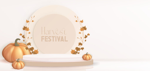 Thanksgiving autumn festival podium composition - realistic orange pumpkins, circular beige pedestal and ivy leaf branch. Minimal elegant design for seasonal holiday celebrations and festive events.