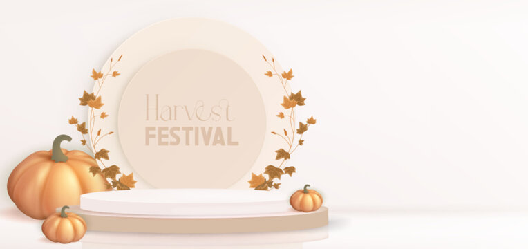Thanksgiving autumn festival podium composition - realistic orange pumpkins, circular beige pedestal and ivy leaf branch. Minimal elegant design for seasonal holiday celebrations and festive events.