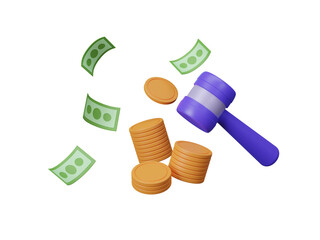 Gavel and Banknotes, coins, floating icon isolated on transparent background. Financial law and compensation lawsuits concept. penalty fine to pay for prohibited legal,charge. 3d render illustration