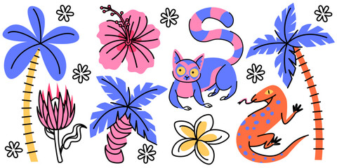 Retro tropical sticker set - hibiscus and plumeria flowers, palm trees, lemur and gecko illustrations. Funky vintage colorful floral doodles for summer vibes decorations, scrapbooking projects. © klyaksun