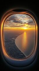 Golden Sunset Aerial View from Airplane Window