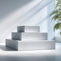 Three white rectangular platforms stacked in a bright room with plant near window