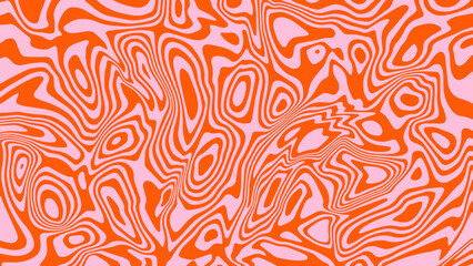 Fototapeta premium Abstract vector pink background psychedelic wave line pattern. Orange wavy liquid ripple texture in retro groovy design style. 