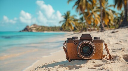 Vintage Camera on Tropical Beach Paradise:  A Summer Vacation Dream