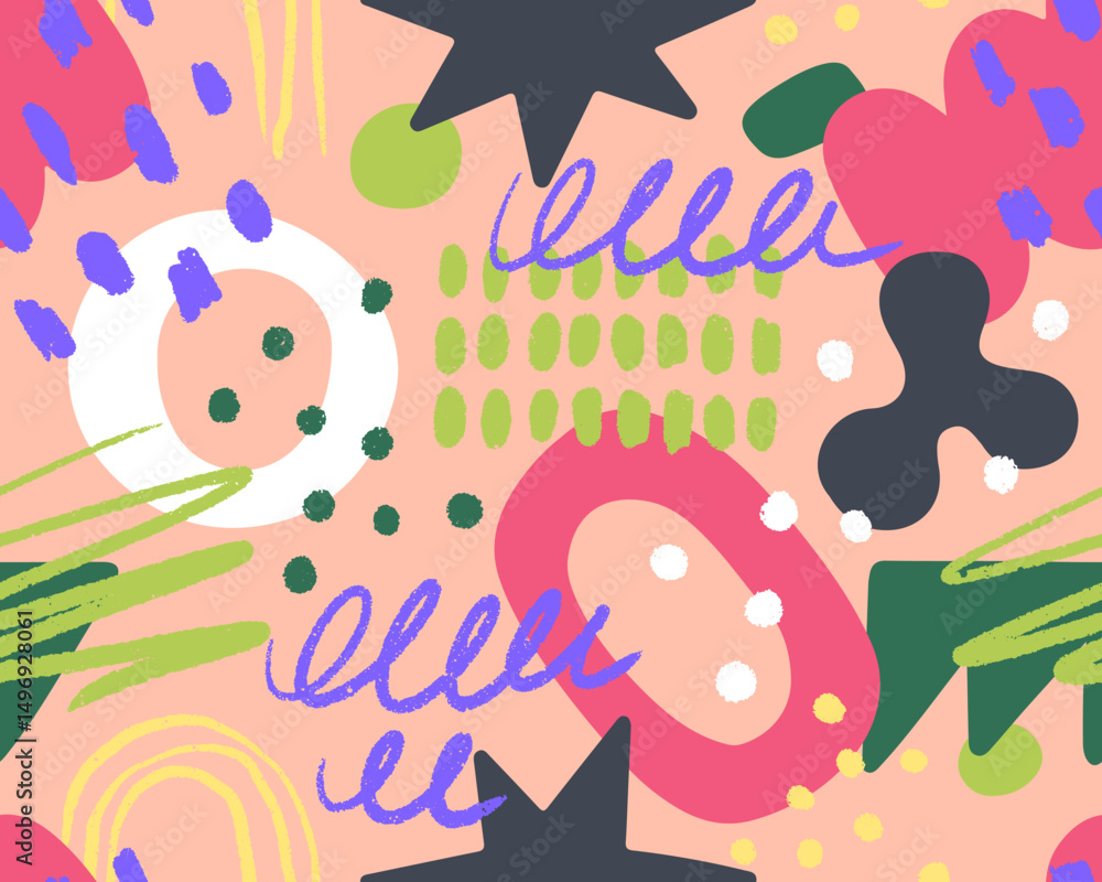 Poster Abstract doodle shapes, seamless pattern. Modern endless texture design with hand-drawn elements, scribbles, dots. Repeating print, background for trendy textile, wrapping. Flat vector illustration