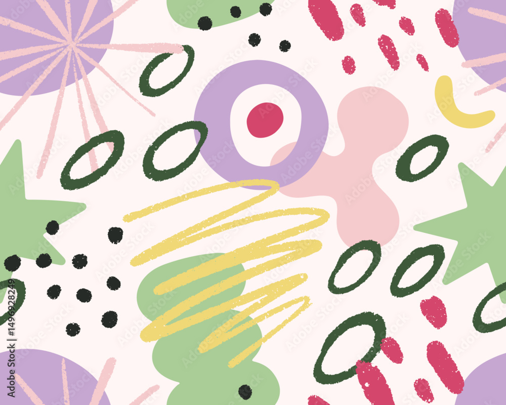Poster Abstract doodle pattern, seamless texture, repeating print in modern style. Colored shapes, scribbles, splashes, dots, background design for fabric, textile, wallpaper. Flat vector illustration