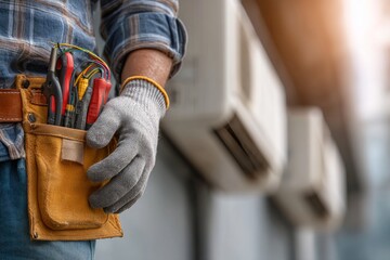 Close-up of technician with tool belt and gloves near air conditioning units