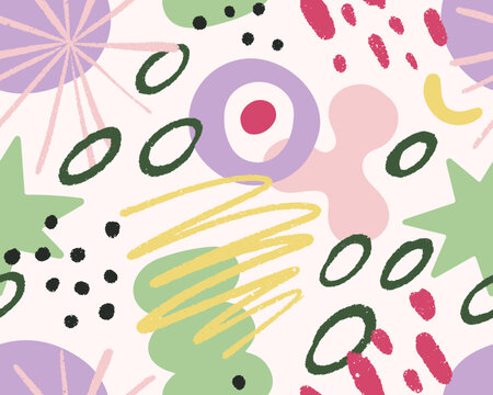 Abstract doodle pattern, seamless texture, repeating print in modern style. Colored shapes, scribbles, splashes, dots, background design for fabric, textile, wallpaper. Flat vector illustration