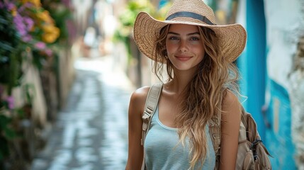 Smiling Woman Traveler in a Straw Hat in a Charming European Alley