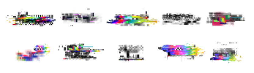 Pixel glitch abstract backgrounds set - vibrant geometric shapes, random colorful stripes, grainy texture overlays. Retro style patterns collection for vintage graphic design, web page or poster.