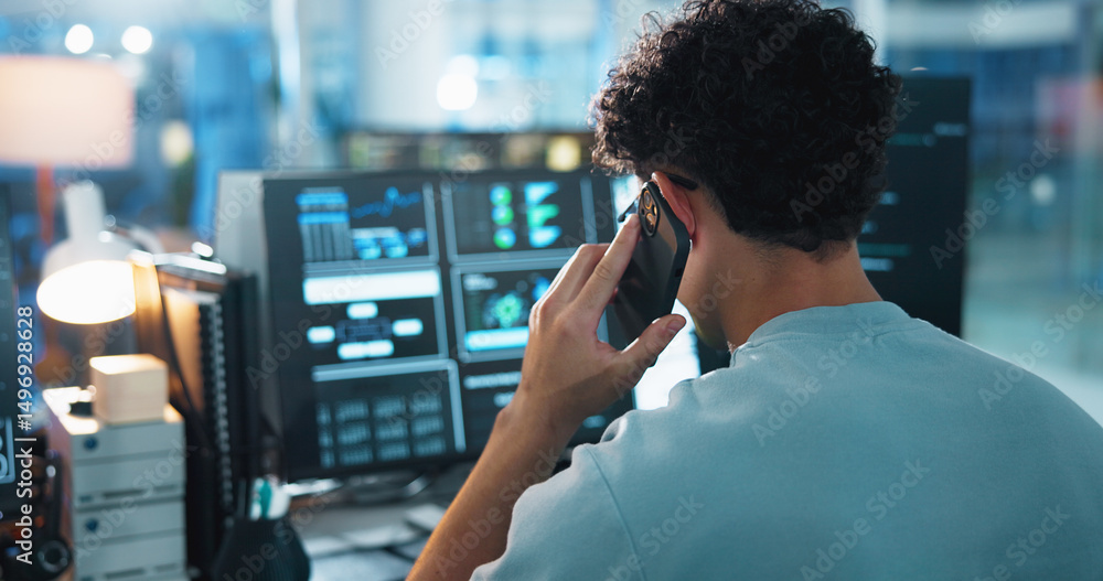 Aufkleber Office, man and programmer with computer screen for phone call, coding consulting and back with contact. Night, business person and developer with mobile for tech support, talking and software update