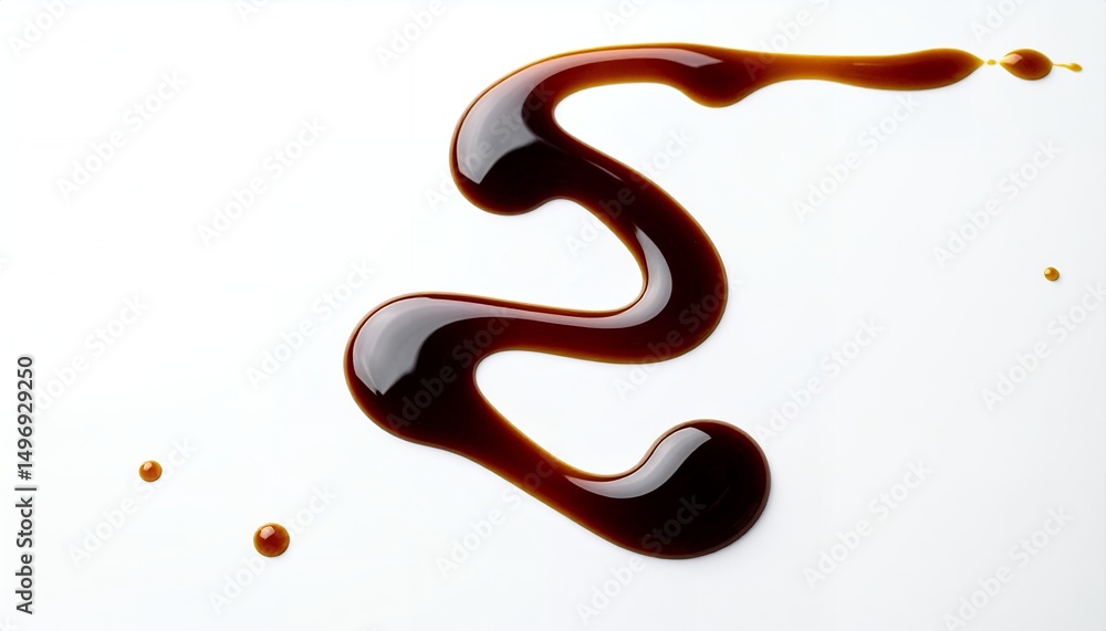 Poster artistic swirl of rich, dark balsamic glaze or sauce on white background, creating an elegant and ap