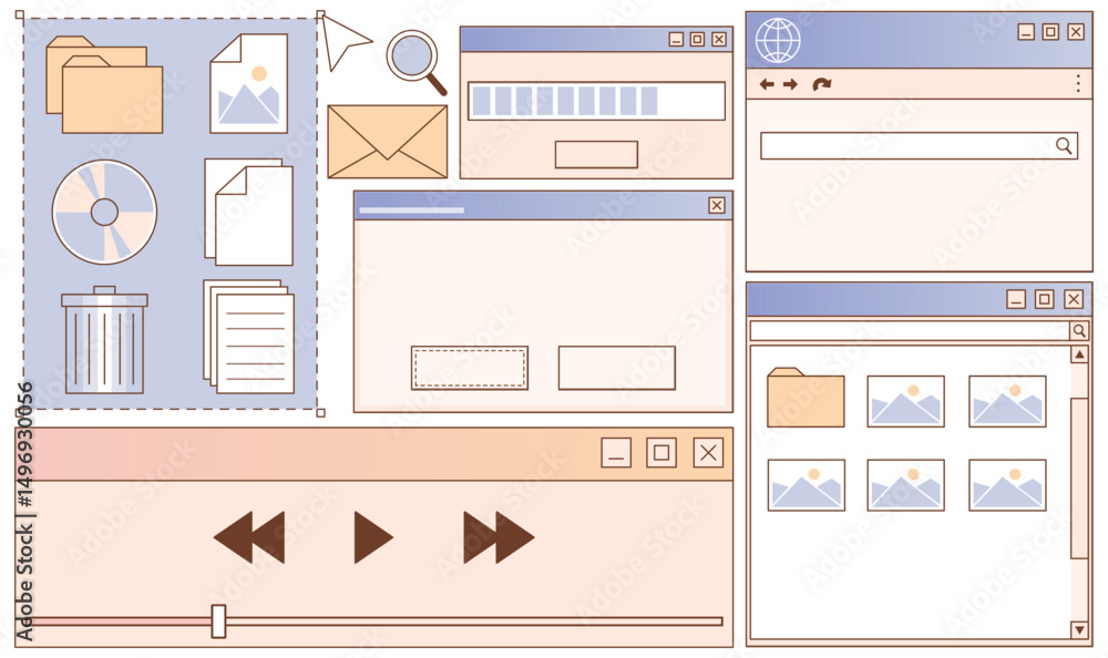 Poster retro user interface layout kit - vintage web page components, navigation elements, buttons and imag