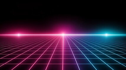 Abstract Retro Futuristic Grid Background with Pink and Blue Neon Lights