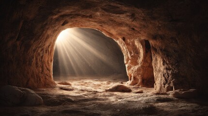 empty tomb with light rays bursting from a rocky cave representing the resurrection of Jesus Christ for Christian Easter.