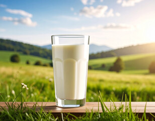 A glass of fresh milk with a blurred background of a meadow. 