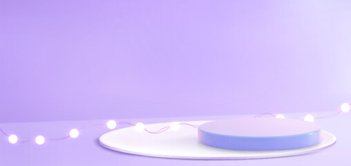 Bright spherical light bulbs garland illuminating purple round podium stage - glowing white orbs string on soft violet background. Minimalist 3d product display platform with luminous decor.