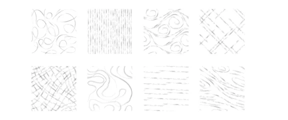 Vitrage gordijnen Set of hand drawn crosshatch textures - various pencil shading techniques creating patterns, abstract shapes, curved lines and scribbles. Monochrome sketch style graphic design elements collection. © klyaksun