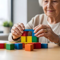 Senior Woman Building Colorful Blocks Cognitive Stimulation, Brain Games, Elderly Activity, Dementia Support.