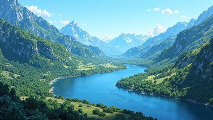Fototapeta na wymiar Blue river through green valley