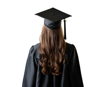 Student wearing graduation gown and cap with long hair isolated on transparent background