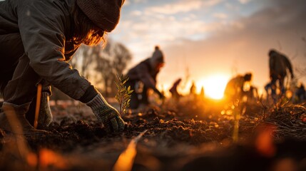 People Planting Seedlings at Sunset, Symbolizing Sustainability, Environmental Stewardship, and Community Involvement for a Greener Future : Generative AI