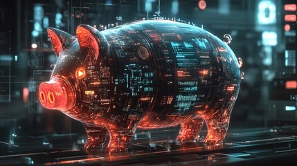 A digital piggy bank in a cyberpunk-style financial interface 