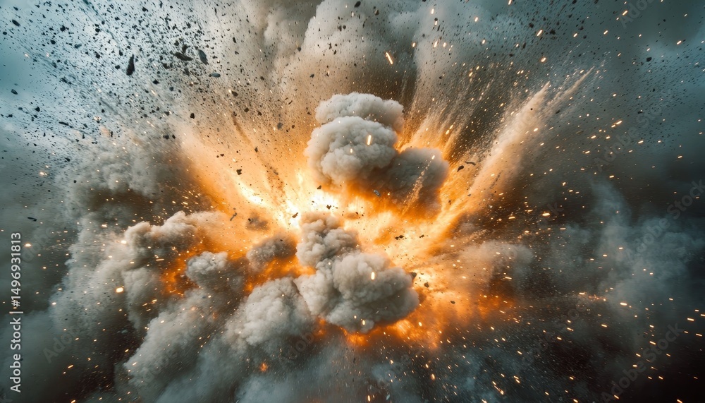 Poster massive fiery orange and gray explosion with sparks and debris in motion, high resolution 3d render.