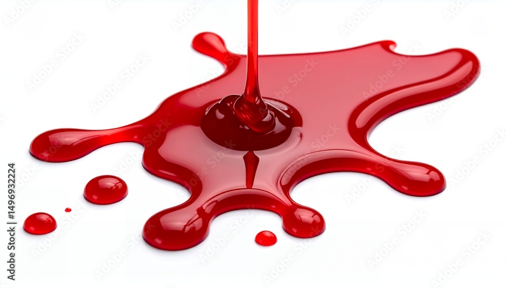 Poster close-up shot of vibrant red liquid pouring and splashing onto a white surface, creating a dynamic a