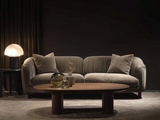 Modern living room featuring a stylish velvet sofa, round wooden coffee table, and ambient lighting