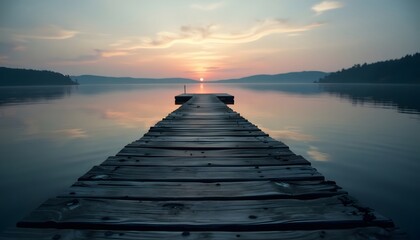 Wooden Dock on Calm Lake at Sunset
