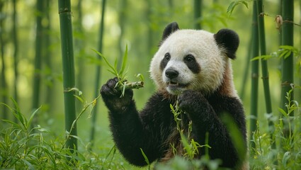 Fototapeta premium Panda feasting in bamboo forest