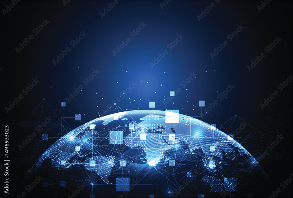 Aufkleber abstract global blockchain network connection on technology background. big data of business design.