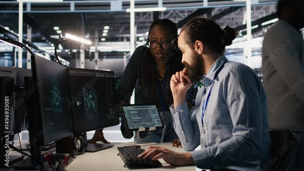 Poster teamworking system administrators in data center integrating ai automation during maintenance sessio