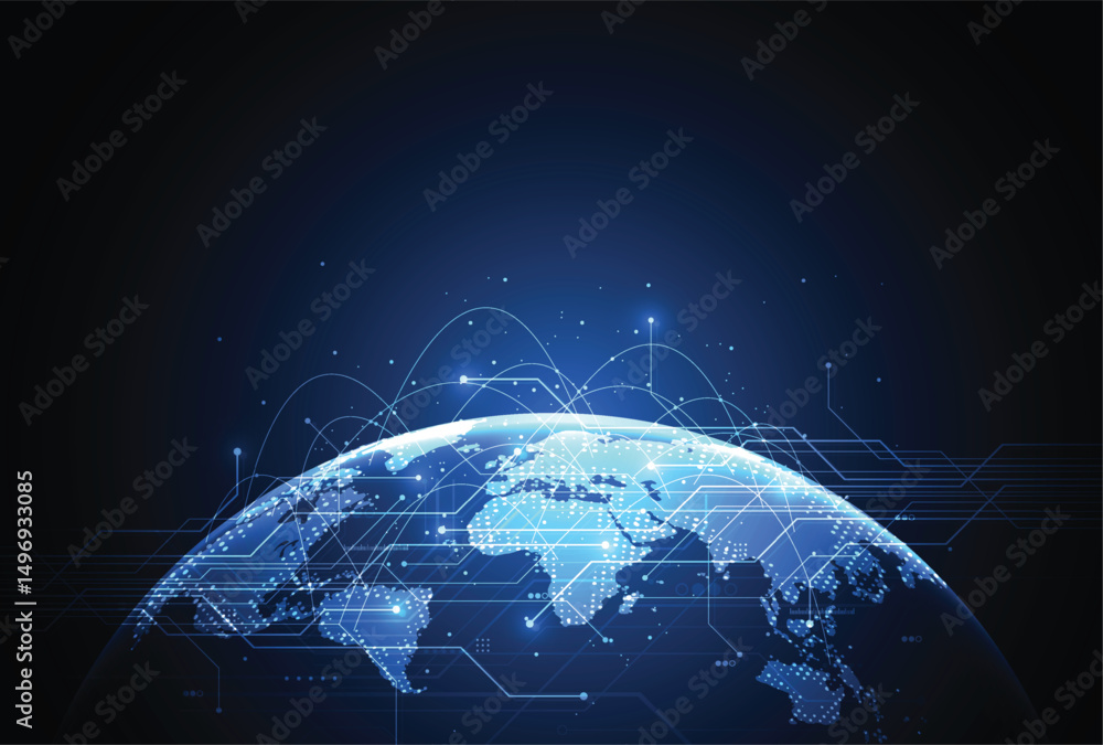 Poster abstract global network connection on technology background. world map point and line composition co