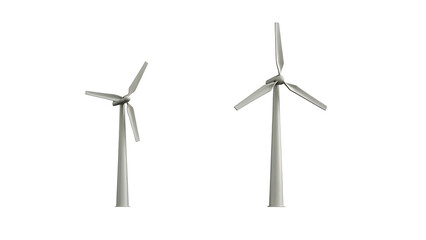 Two wind turbines isolated on a white background png ai generated