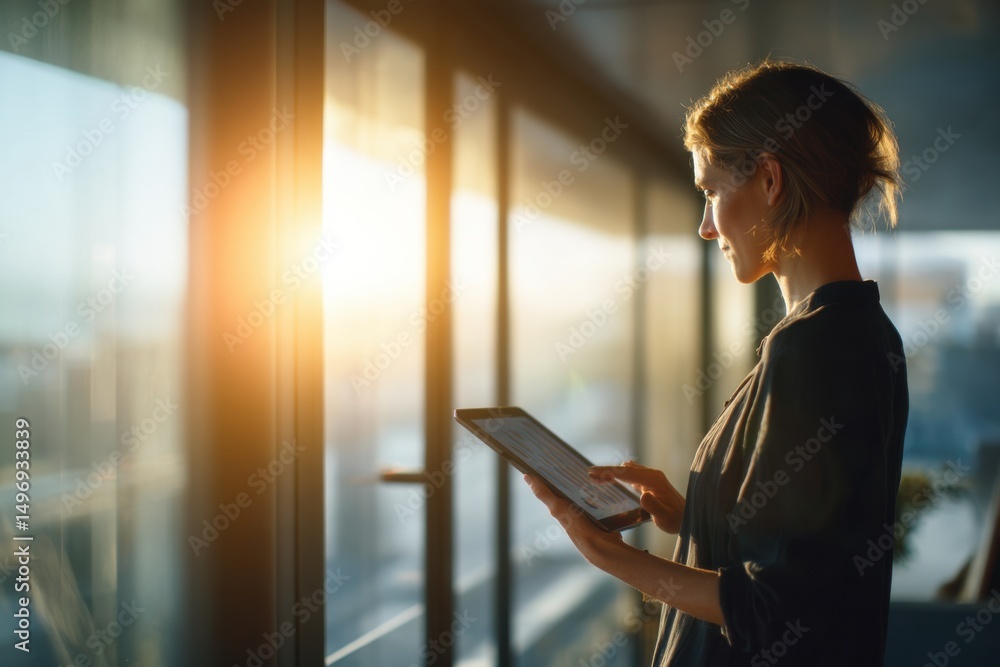Poster businesswoman using tablet by window at sunset, representing modern technology and digital transform