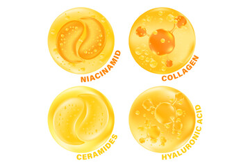 Yellow, gold cosmetic molecules icon set, niacinamid, ceramides, hyaluronic acid, collagen, vector cosmetology ingredient isolated elements. Beauty serum skin care hydro gel, moisture anti age cream