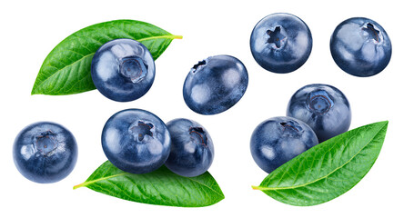 Flying blueberries isolated on a white background. Blueberries with leaves. Blueberries clipping path.