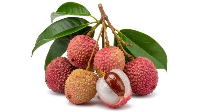 Lychee fruit isolated on white background, fresh tropical fruit, juicy lychee, peeled and whole lychee, vibrant red skin, exotic fruit, sweet lychee, natural fruit texture, healthy snack, tropical fla