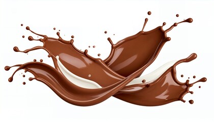 Dynamic splash of rich, flowing chocolate and creamy white milk, creating an abstract, appetizing and delicious design against a clean white background.
