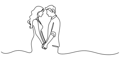 Young Couple Continuous Line Icon, Minimalist line drawing of couple with in love, continuous one line art style, relationship concept, Elegant couple wearing dress very attractive, Romantic couple.
