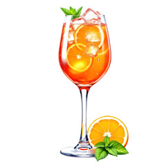 A glass of orange cocktail with ice cubes and mint on a black background