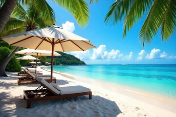 Luxury umbrella resort on pristine beach, turquoise water, swaying palm trees, offering ultimate relaxation and escape Enjoy the tranquil ambiance and breathtaking ocean views , summer, umbrella