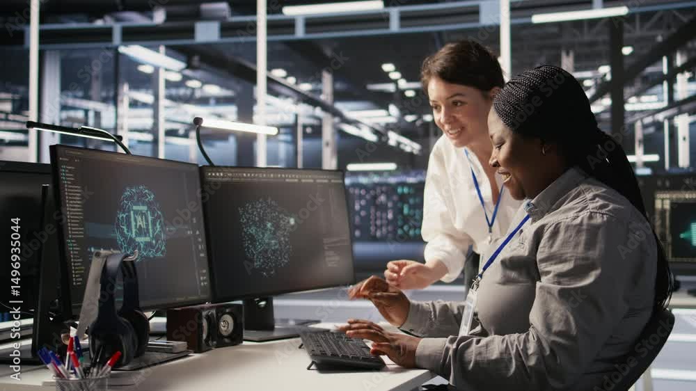Poster cheerful data center technicians satisfied with results after collaborating on ai automation deploym