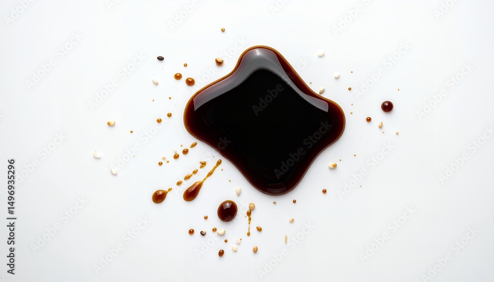 Poster overhead shot of a dark, glossy soy sauce spill on a pristine white surface, with smaller droplets a