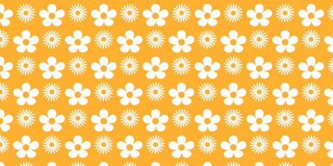 abstract seamless patterns poster, card, banner, with vintage groovy daisy flowers. Retro floral pastel colours background surface design, textile, stationery, wrapping paper, covers. 70s, 80s style