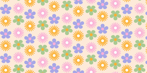 abstract seamless patterns poster, card, banner, with vintage groovy daisy flowers. Retro floral pastel colours background surface design, textile, stationery, wrapping paper, covers. 70s, 80s style